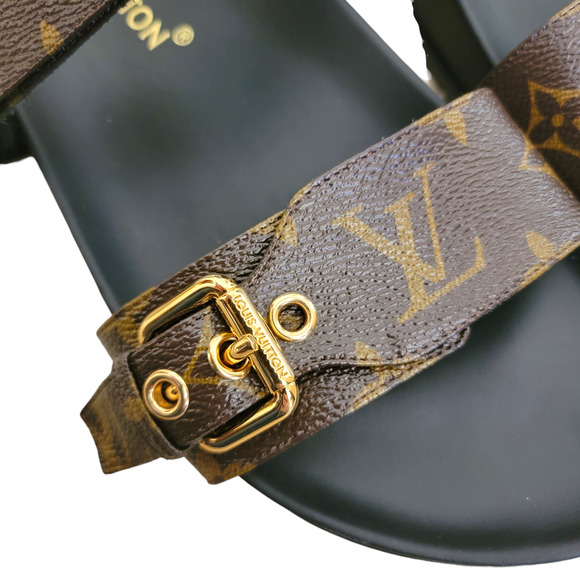 Louis Vuitton Monogram Bom Dia Leather Sandals LV Logo Brown Black Flat 10 40 - Picture 11 of 14